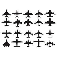 Airplane silhouette set isolated on white background. Collection of aircraft and jet plane icons. Vector illustration for aviation, travel, flight, air transport and design concept