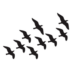 Flying birds silhouette set isolated on white background. Flock of birds in motion vector illustration, symbol of freedom, migration, wildlife and nature design for logo or decoration