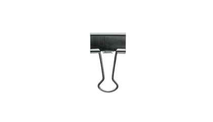 A close-up shot of a small, shiny metal binder clip on a stark black background