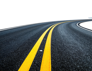 Angled view of a road curving right, with double yellow lines and textured surface