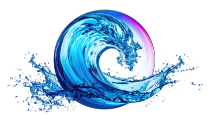 A stylized wave crests, encompassing a translucent orb, against a black backdrop