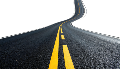 Asphalt road curves into the distance, marked with bright yellow lines on dark background