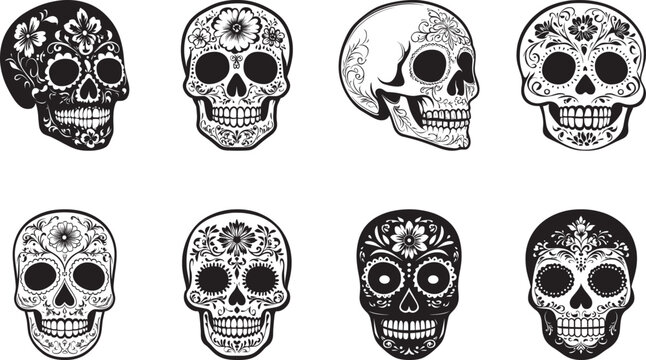 A collection of ornate sugar skulls with floral designs, set vector illustration