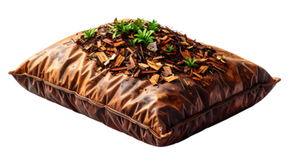 Conceptual Growth: Fresh Green Sprouts, Mulch, and Soil on an Earthy Brown Pillow, Isolated on Black