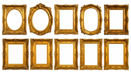 Ten ornately framed, golden rectangles and ovals, all with empty centers, on black