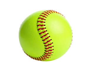 A vibrant, bright yellow sphere with red stitching, isolated on a black background