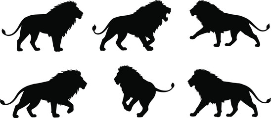 MobileLion silhouette vector set, walking lion poses, standing lion profile, wild animal illustration, African wildlife, majestic lion anatomy