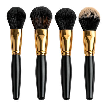 Four professional cosmetic brushes with black handles and gold ferules, angled, on black