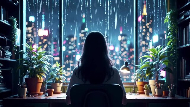 Quiet contemplation by a window overlooking a rain-drenched cityscape at night, with lush plants and books creating a cozy, introspective workspace