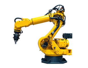 Bright yellow robotic arm with multiple joints and an end-effector