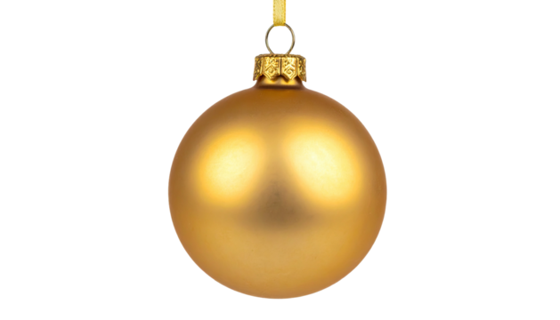A hanging golden ornament with a matte finish on a black background