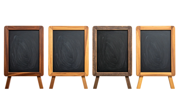 Four small, wooden framed chalkboards stand side-by-side, ready to display