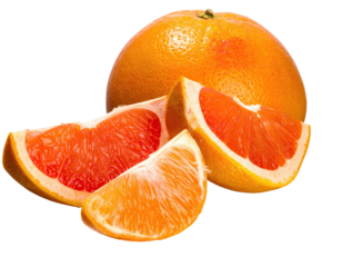 A whole citrus fruit alongside three vibrant red-fleshed wedges on a dark background