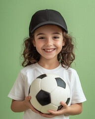 Smiling child holding a soccer ball in sports uniform