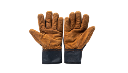 Pair of worn brown work gloves, palms up, with dark blue cuffs, isolated on black