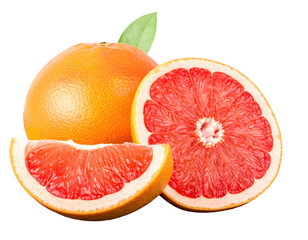 Vibrant close-up of a grapefruit with slices, showcasing juicy flesh and green leaf