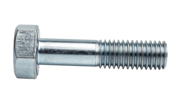 Close-up of a shiny, metallic bolt with hexagonal head and threaded shaft