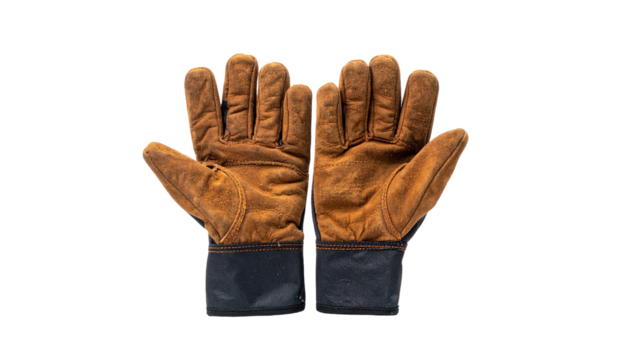 Pair of worn brown work gloves, palms up, with dark blue cuffs, isolated on black