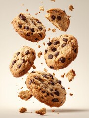 Chocolate chip cookies floating in mid-air.