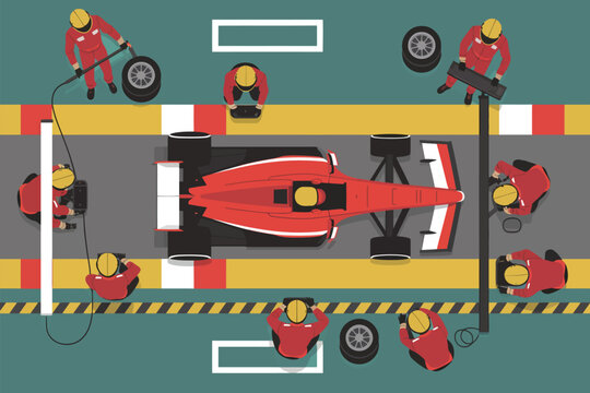 Top‑down view of a Formula 1 pit stop frenzy: mechanics swarm a race car, tools strewn across the lane, team executing a high‑speed service in action