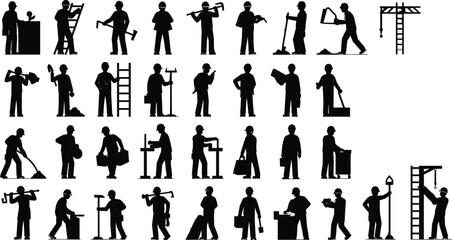 Construction worker silhouettes set, industrial labor people, builders with tools, repairmen, and engineers vector illustration design