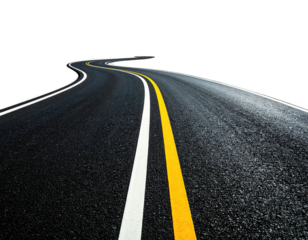 Asphalt road curves ahead, defined by white and yellow lines against a black background