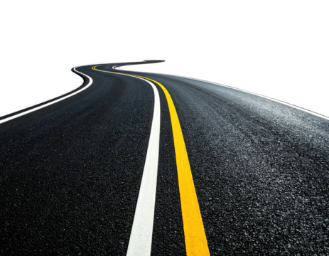 Asphalt road curves ahead, defined by white and yellow lines against a black background