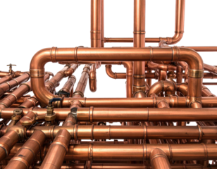 A network of copper pipes, fittings, and valves, with a complex industrial design