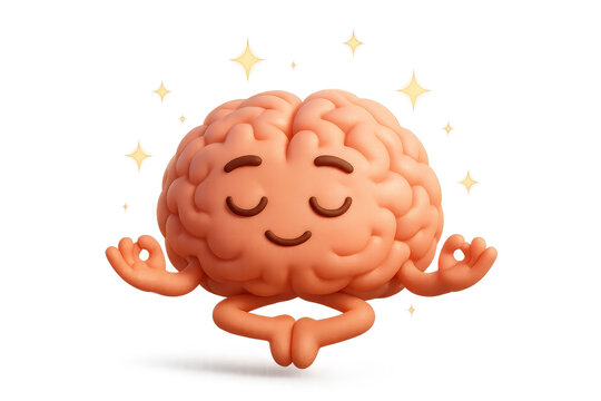 3d medical brain character with closed eyes floating in meditation pose surrounded by sparkling stars, peaceful and calm expression, cartoon style, isolated on transparency background