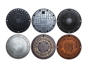 Six distinct metal covers, each round and textured, arranged in a grid on a black background
