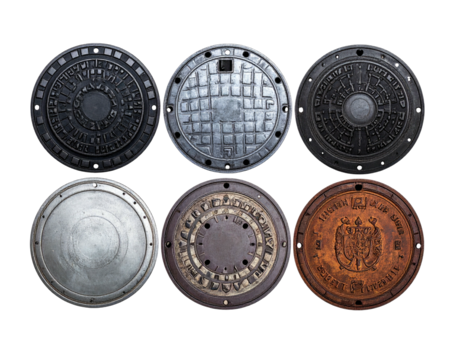 Six distinct metal covers, each round and textured, arranged in a grid on a black background