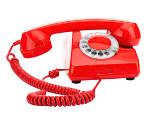 Vivid red rotary phone sits on a white surface, receiver off the base
