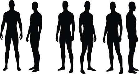 MobileMale human silhouette set, standing poses, front view, side view, anatomy reference, body proportion, character design, vector illustration