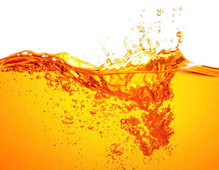 Amber liquid wave with splash and air bubbles on a transparent background
