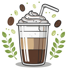 Layered Iced Coffee with Whipped Cream and Coffee Beans Vector Illustration