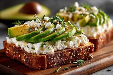 Sandwiches with cottage cheese spread and avocado.