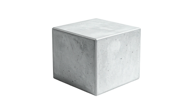 A gray, concrete cube rests against a black background, minimalistic and modern
