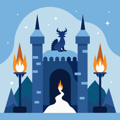 Fantasy castle entrance with dragon and torches in winter snow vector landscape background.