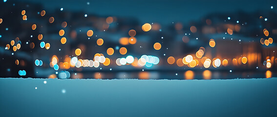 Blurred bokeh lights and a sparkling white snow background with the night city lights in the blurry backdrop.