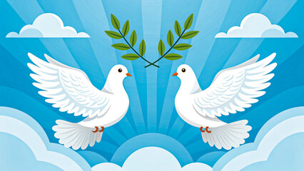 Obraz premium Peace doves with olive branches in sky