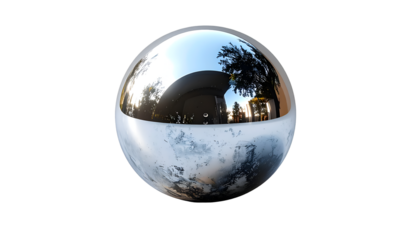 Metallic Reflective Orb: Nature Reflected on Abstract Textured Surface, Icy Frosted Bottom Half on Black Background
