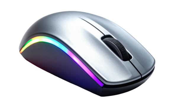 A shiny, silver computer mouse with a scrolling wheel and colorful RGB lighting