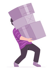 Man Carrying Big Stack of Parcel Boxes for Burden and Overload Work Concept Illustration