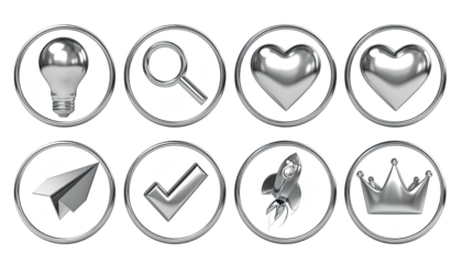 Eight silver icons bulb, magnifying glass, hearts, paper airplane, check, rocket, and crown