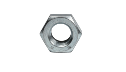 A close-up, centered shot of a shiny, metallic hex nut against a black background