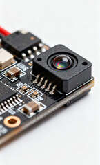 Fototapeta premium Close-up of a small, high-tech electronic circuit board with a camera module and various electronic components, showcasing intricate details of modern technology