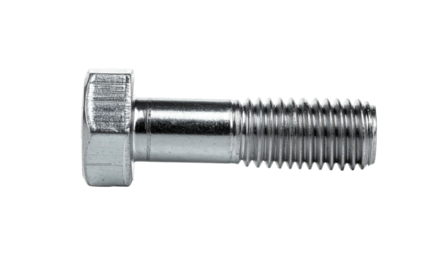 Shiny silver bolt with hexagonal head and threaded shaft, on black background