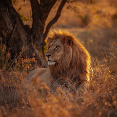 Majestic Lion Resting in Golden Sunset Light, Savanna Grassland Wildlife Scene
