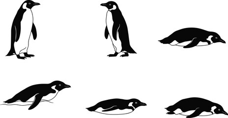 MobilePenguin silhouette vector set, sliding penguin poses, tobogganing movement illustration, arctic animal clipart, black and white penguin, wildlife graphic