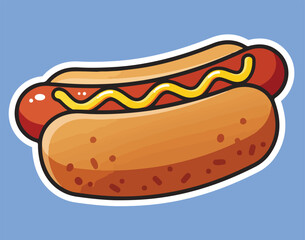 Cartoon Hot Dog with Mustard Illustration, Delicious Fast Food Snack on a Bun, Isolated on blue Background